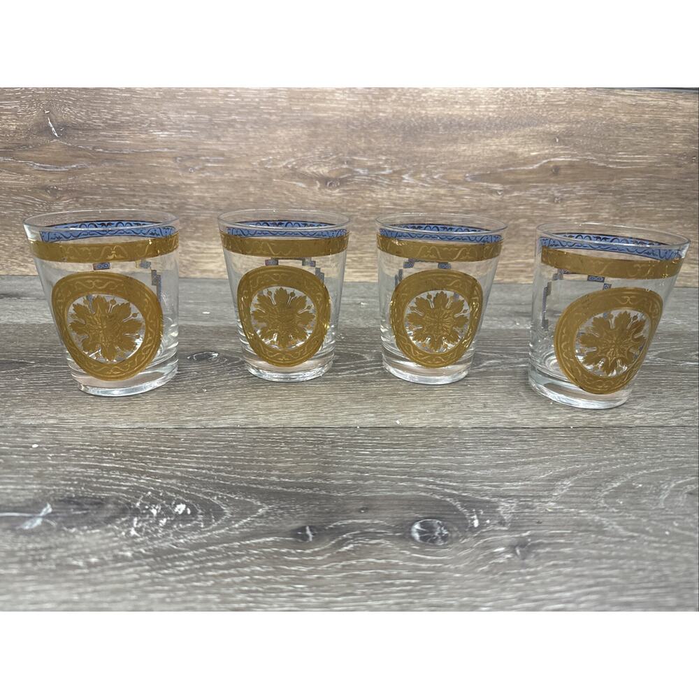 Vintage 1960s Gay Fad Gold And Blue Double Old Fashioned Rocks Glass~4 Pc Set